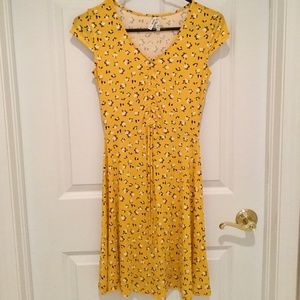 Mustard Floral Cinched Fit and Flare Dress
